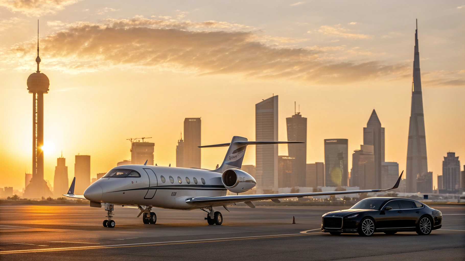 Private jet on runway at sunset